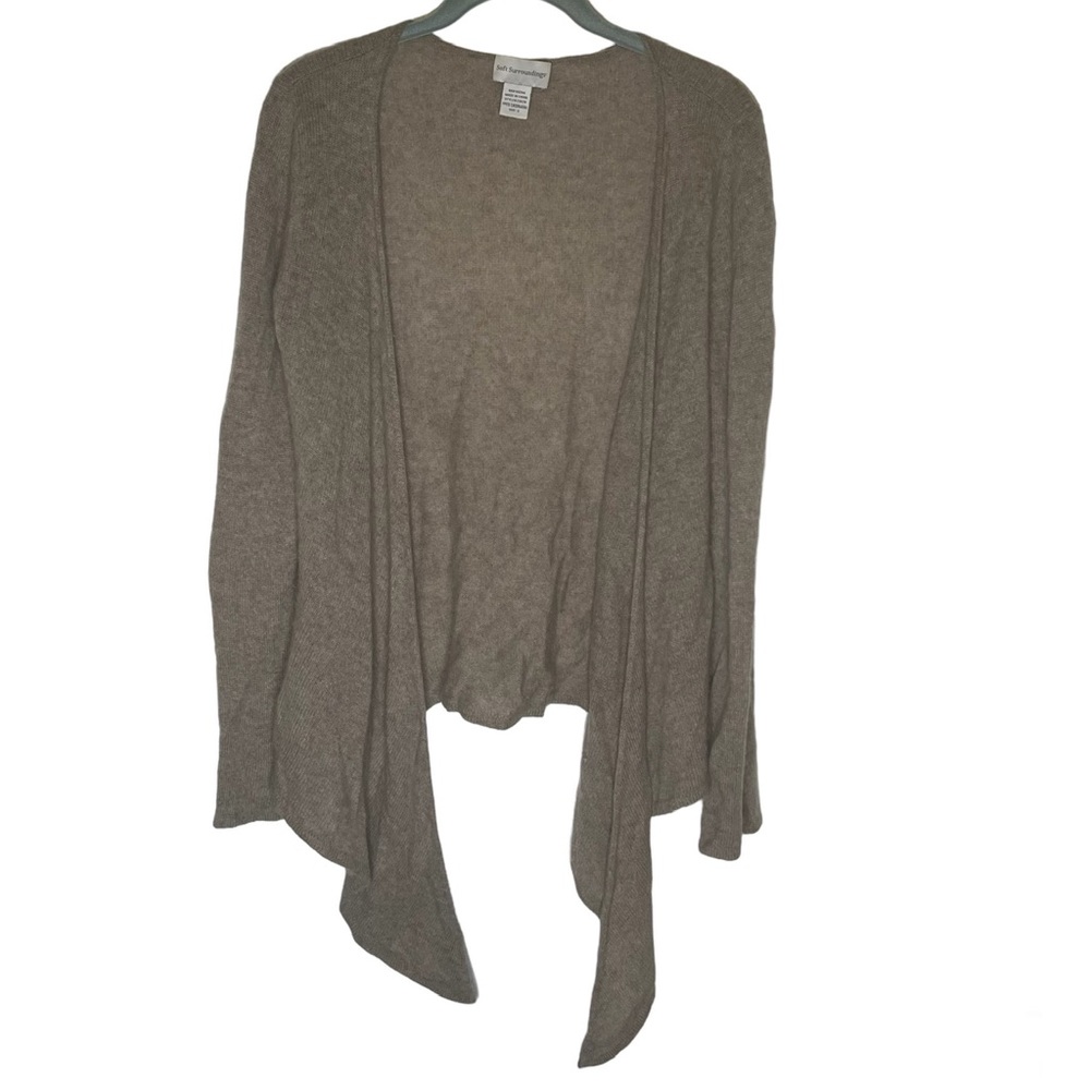 Soft Surroundings 100% Cashmere tan Brown open cardigan sweater waterfall